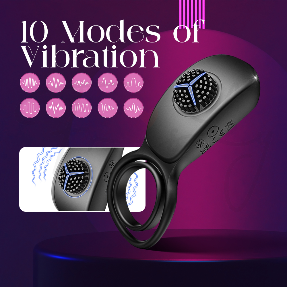 Black cock ring vibrator highlighting multiple vibration settings.