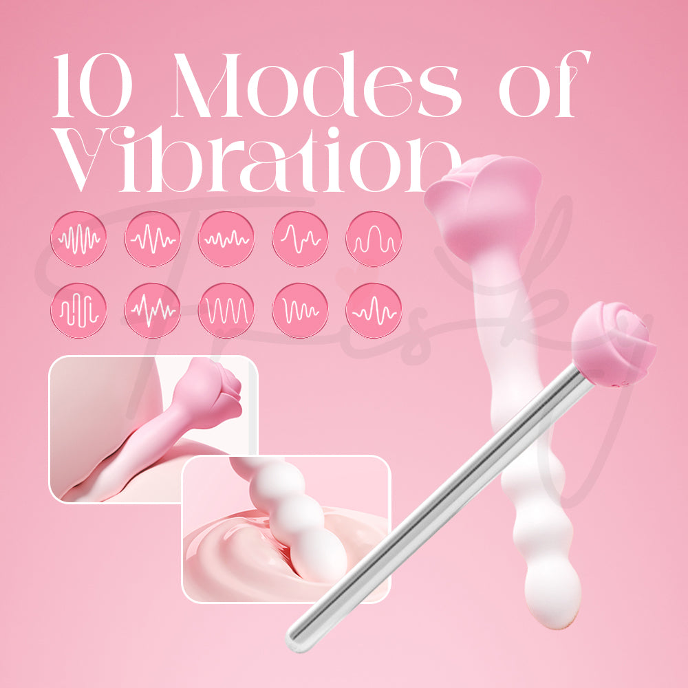 Rosy Arc vibrator showing 10 vibration mode icons with detachable pen beside it.