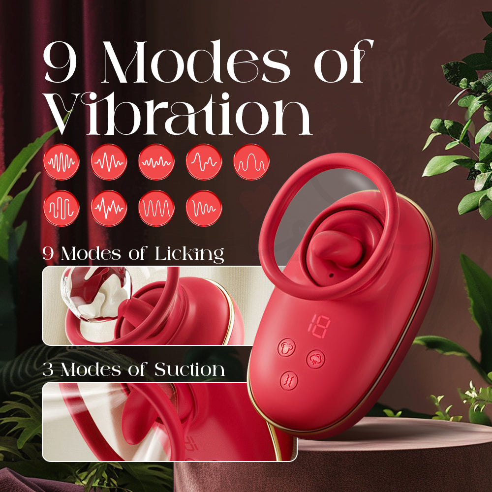 Close view of Scarlet Kiss showing 9 vibration modes and 3 suction settings illustration