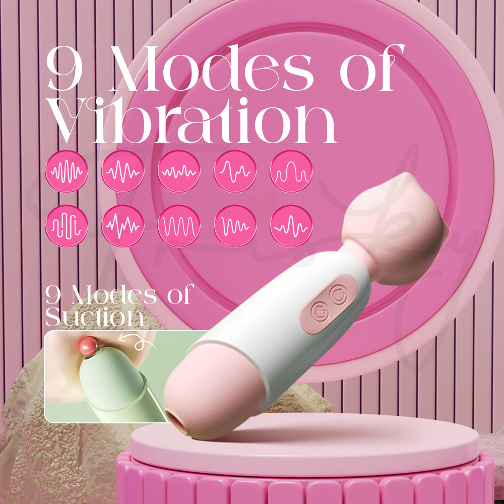 Sakura Purr wand shown upright with icons highlighting its nine vibration modes