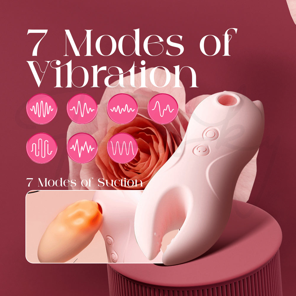 Pink clitoral vibrator beside icons displaying seven vibration settings against a rich, warm-toned background.