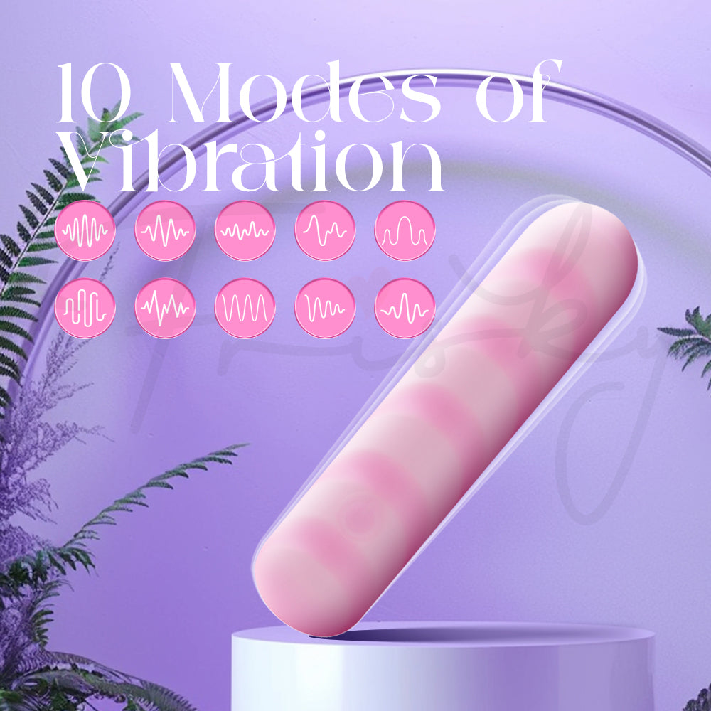 Pink striped vibrator standing on a purple stone base showing its vibration modes