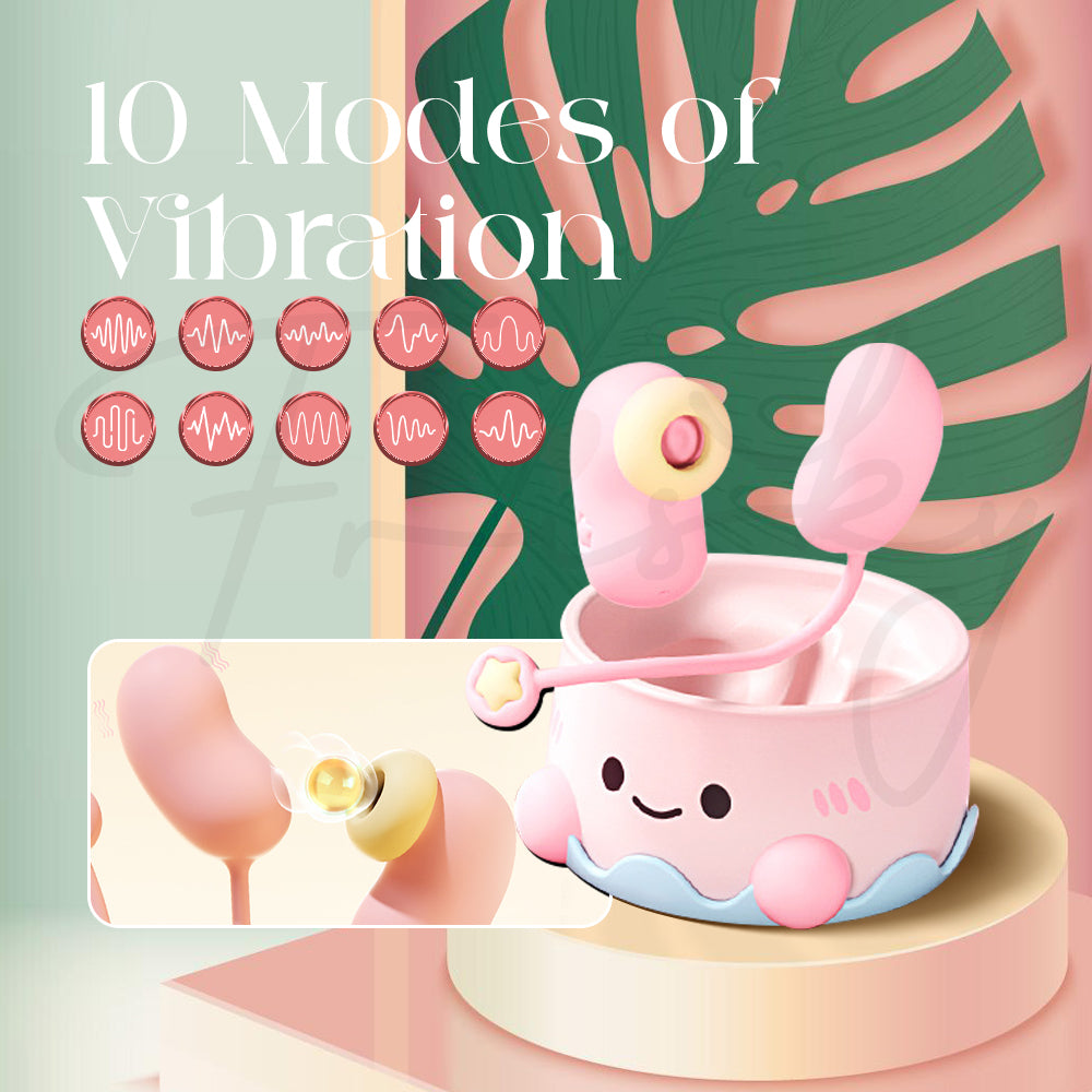 Cake-shaped device with icons representing ten different vibration and stimulation modes