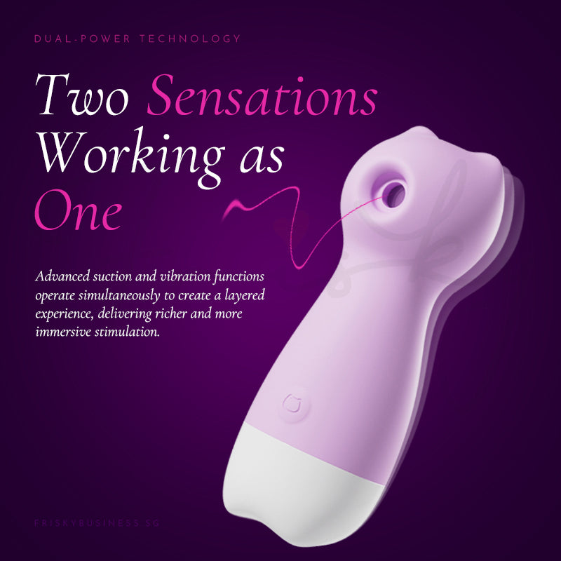 Purple and white device with text on dual-power technology and sensations working together on a purple background.