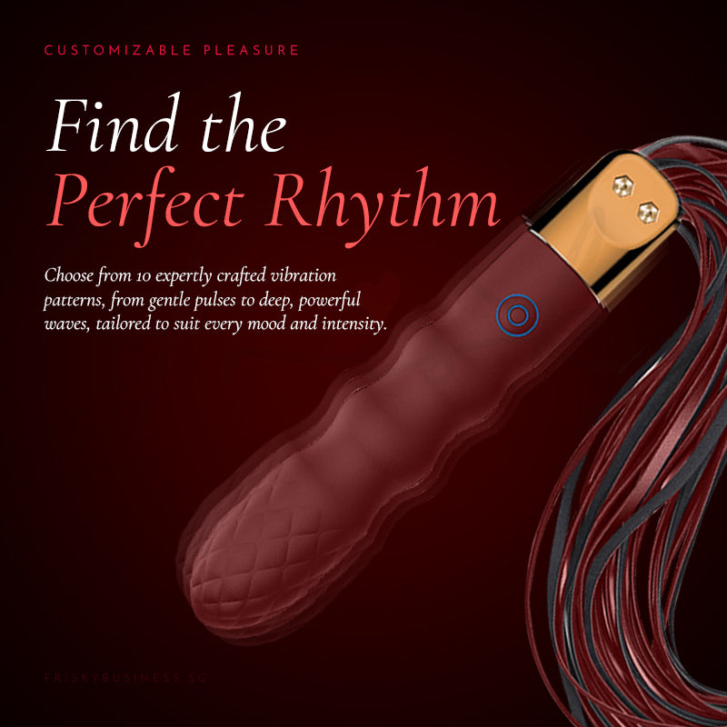 Sexual product with maroon casing and gold accents on a dark background, featuring text about customizable pleasure.
