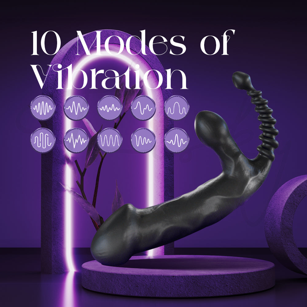 Black device with icons illustrating ten vibration modes and stimulation options