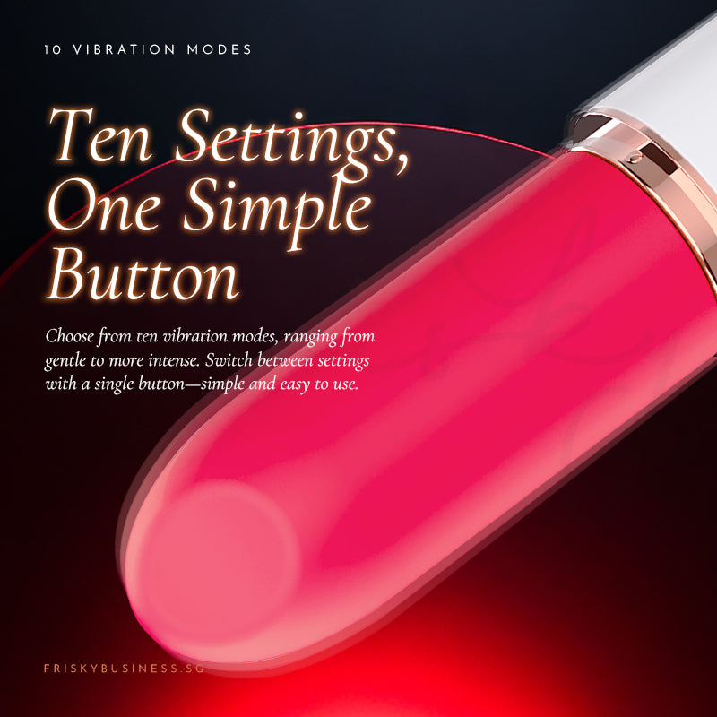 Ten Settings, One Simple Button graphic with a close-up of the glossy pink vibrator tip