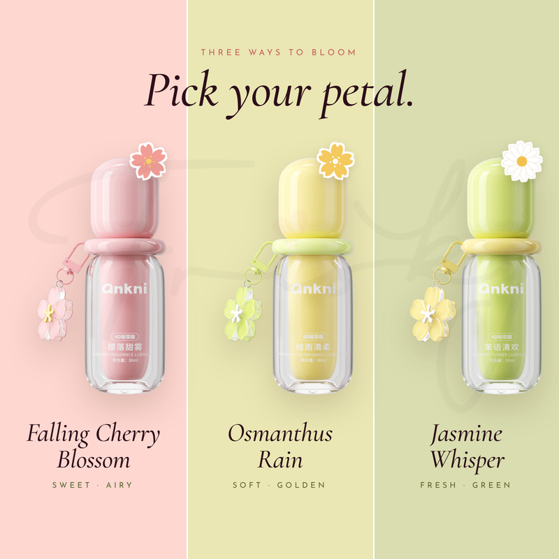 Pick your petal graphic with the three scented lubricant bottles and name labels on green
