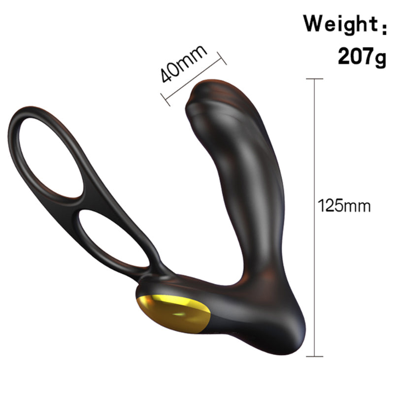 Black prostate massager with gold accent showing product size dimensions and weight details.
