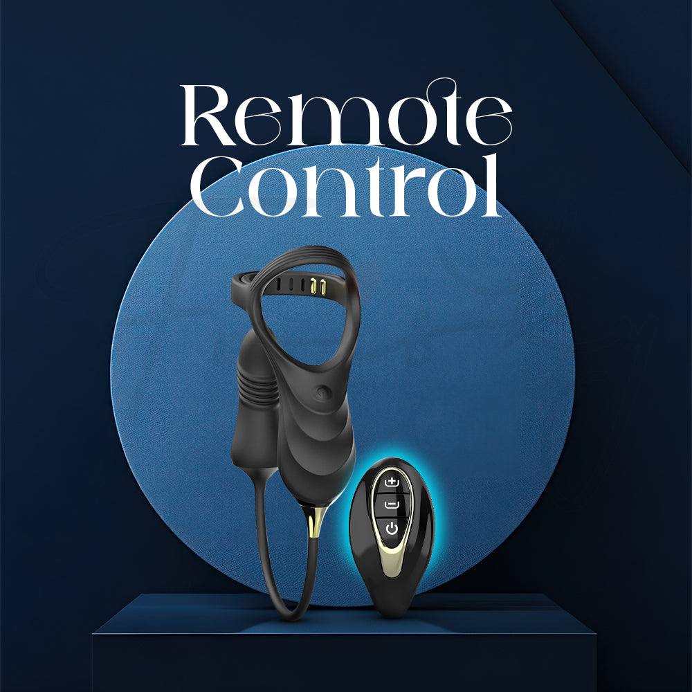 Alpha Ring prostate massager connected to handheld remote control for easy adjustment.