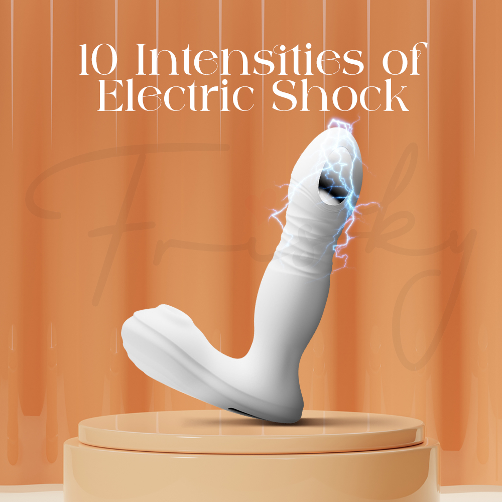 The device on a pedestal with blue lightning graphics highlighting its 10 intensities of electric shock.