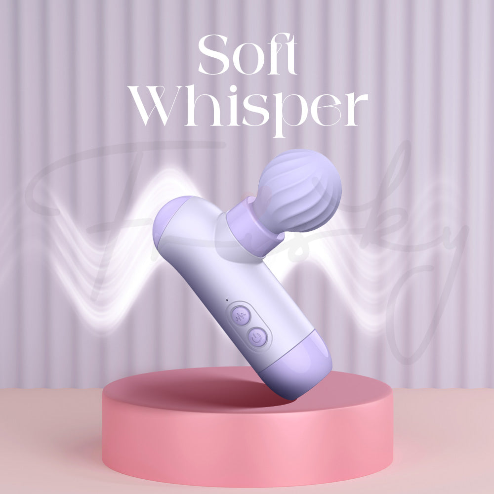 Quiet dual-head vibrator emphasizing soft whisper technology in serene display