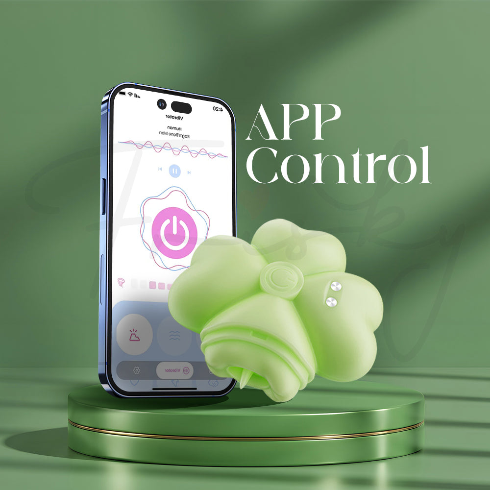 Clover-shaped stimulator shown beside smartphone screen illustrating app control feature