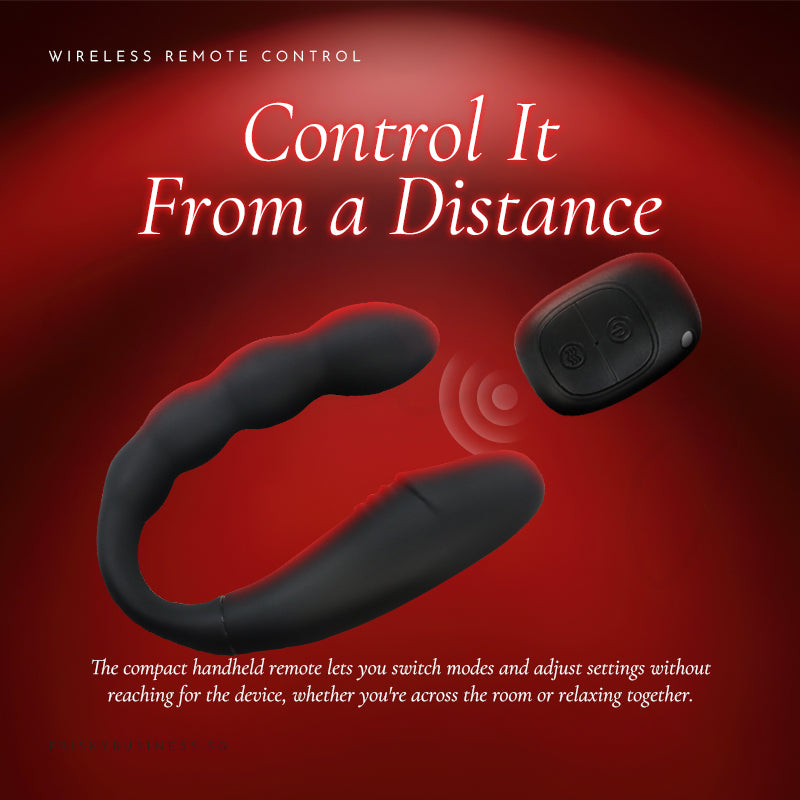 Control It From a Distance graphic with the black vibrator and its remote on red