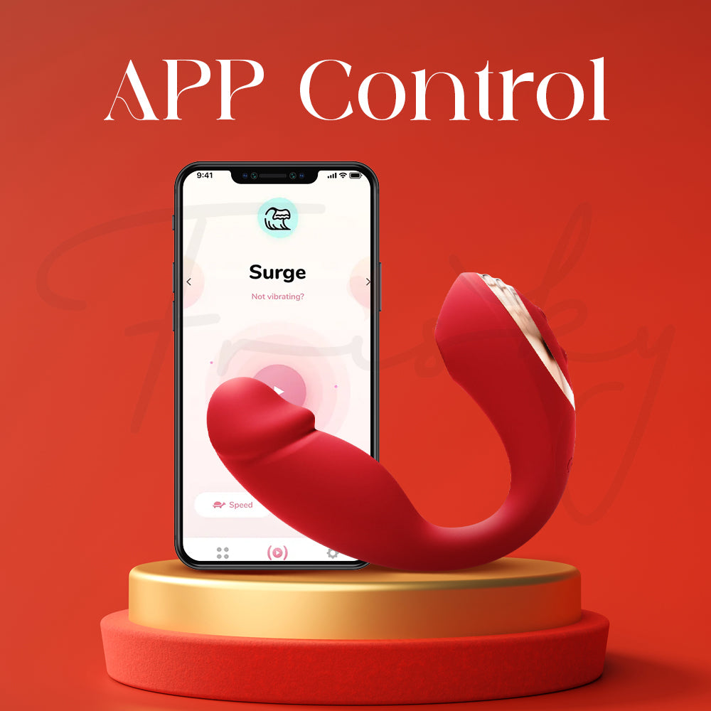Red wearable vibrator beside a smartphone screen showing wireless app control features