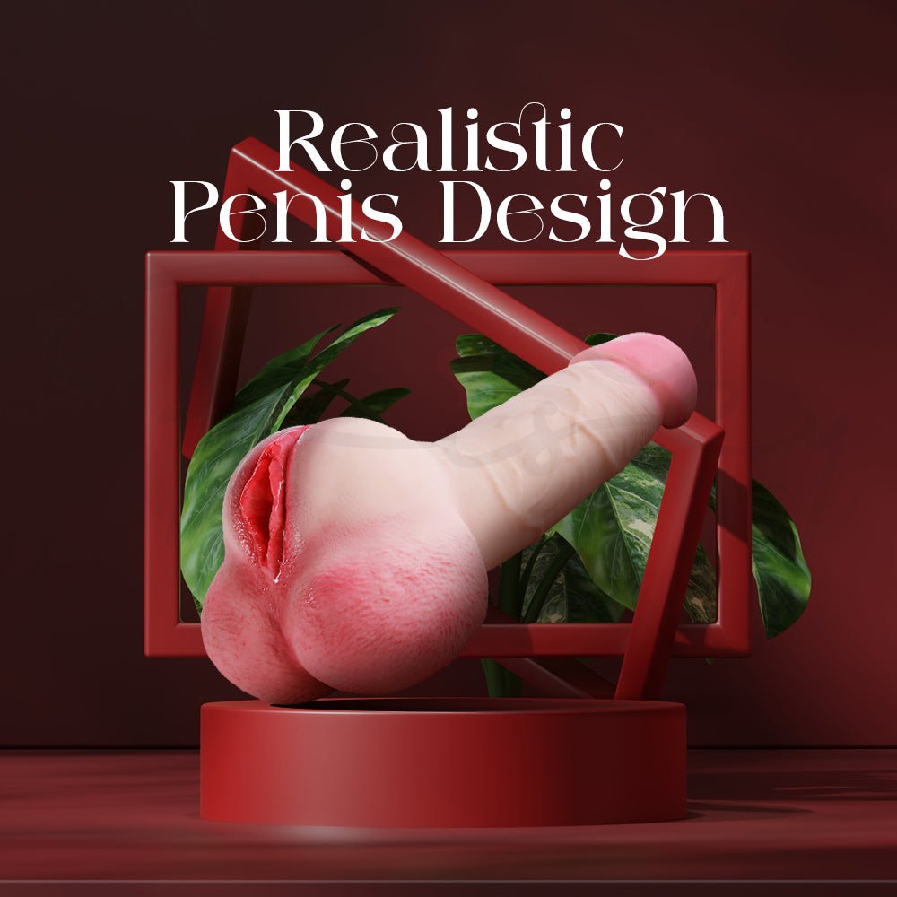 Realistic penis design product with red frame and green leaves on a dark background