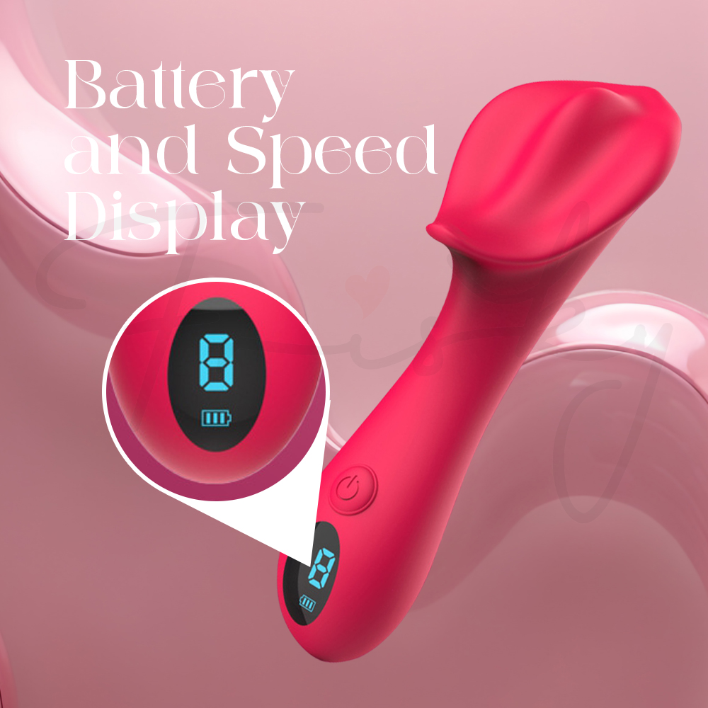 Close-up of Eternal Bloom showing its digital screen for battery life and vibration speed.