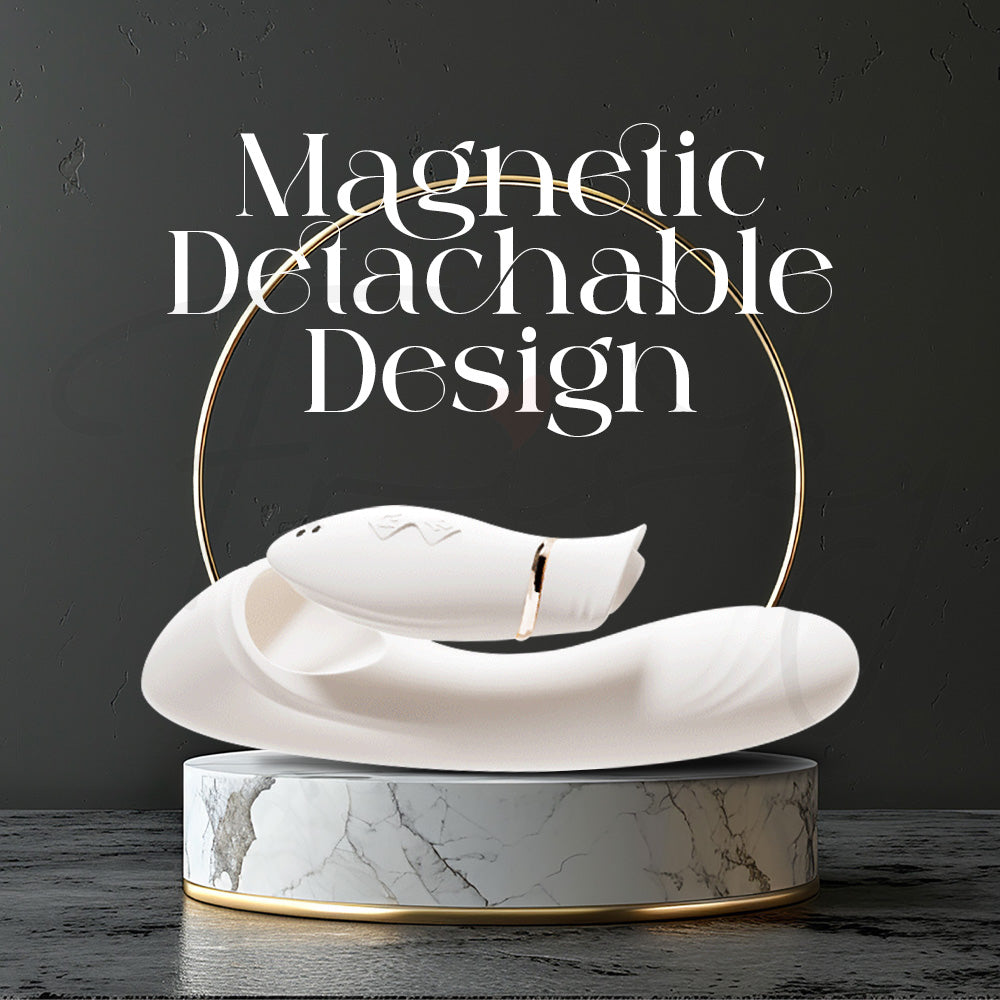 White massager showing detachable magnetic head on marble display platform.