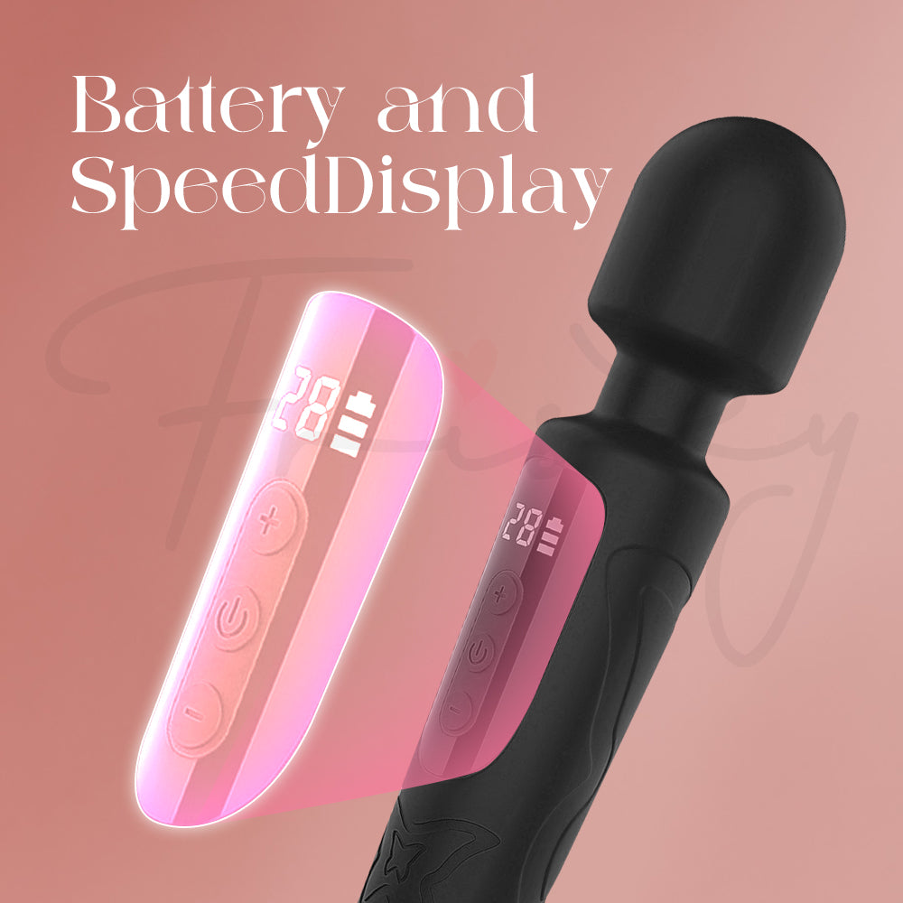 Close-up of Liora wand digital display screen showing battery and intensity levels.