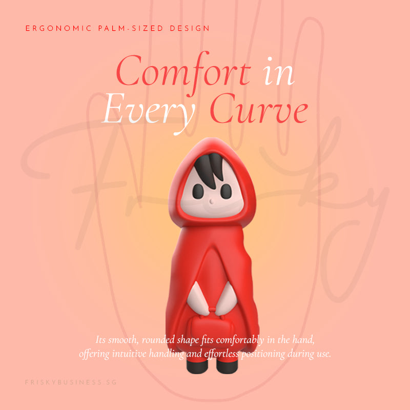 Red character with a hood on a pink background with text about comfort and ergonomic design.