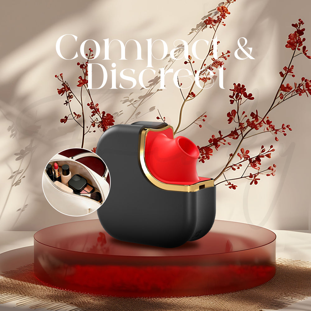 Discreet cube-style suction vibrator styled with soft fabric and warm lighting