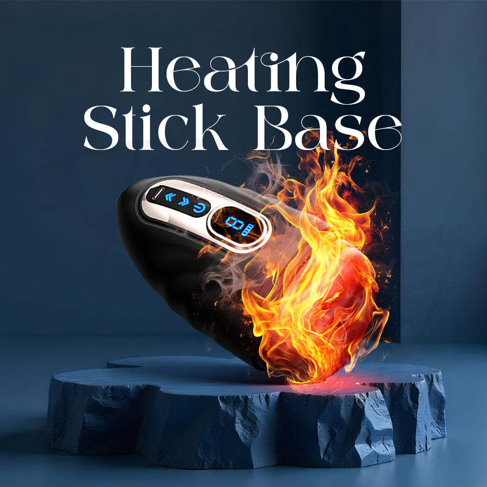 Black male vibrator with its heated base glowing beside vibrant fire-themed visuals