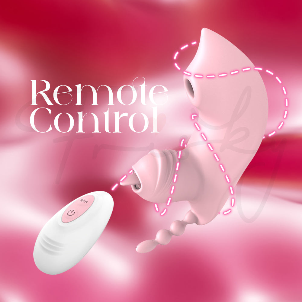 Pink vibrator displayed with wireless remote against a smooth pink gradient background.