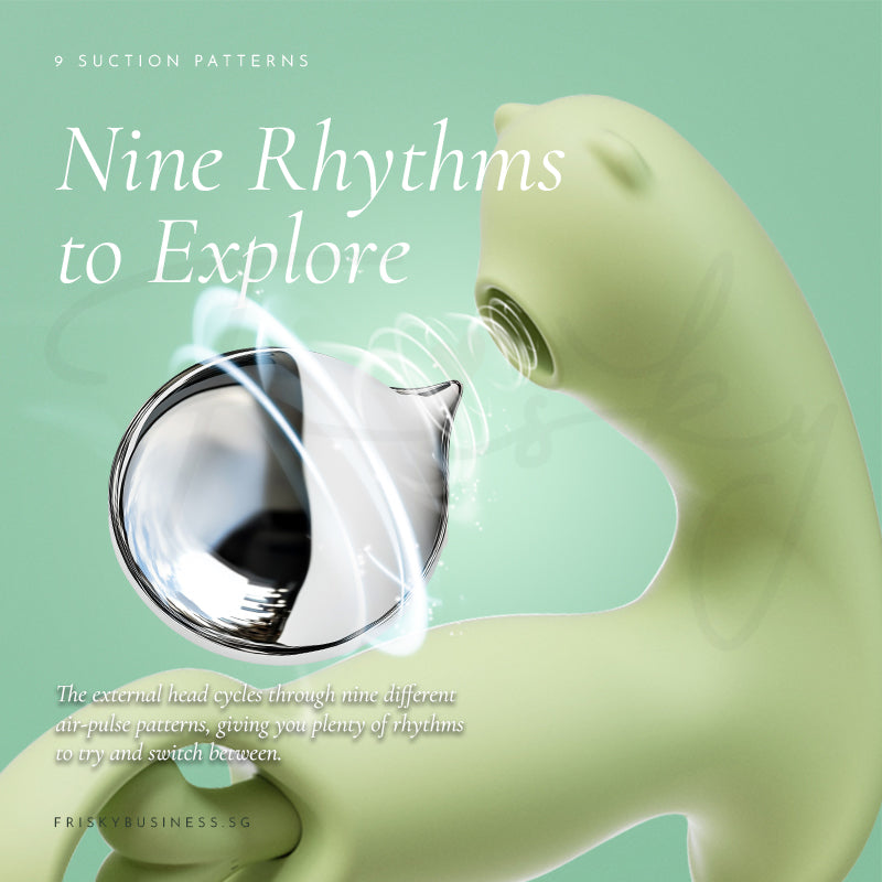 Nine Rhythms to Explore graphic with the green vibrator beside a glossy swirl motif