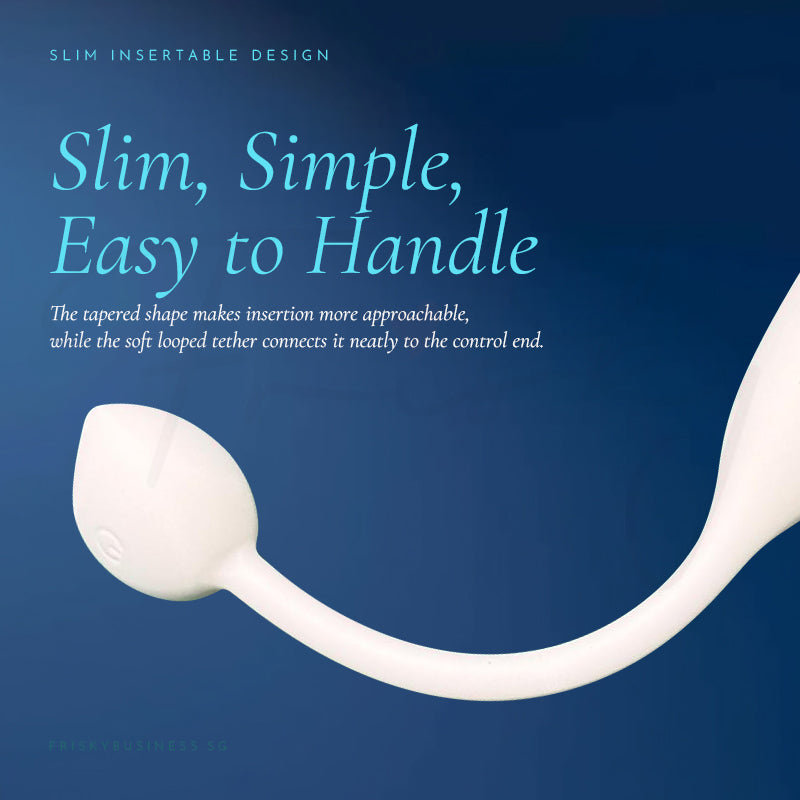 Slim, Simple, Easy to Handle graphic with the ivory vibrator’s rounded head and slim neck