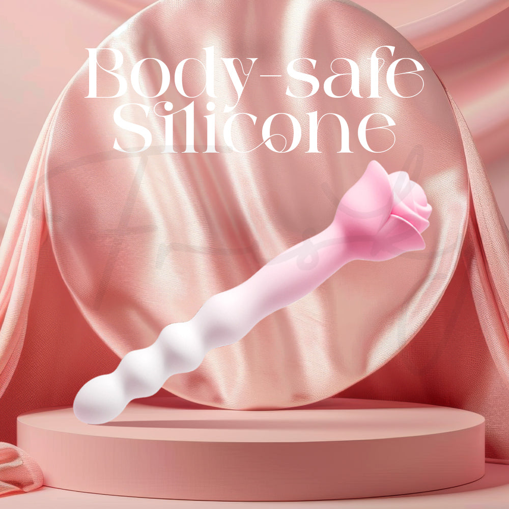 Close-up of Rosy Arc toy highlighting smooth, body-safe silicone and sleek texture.