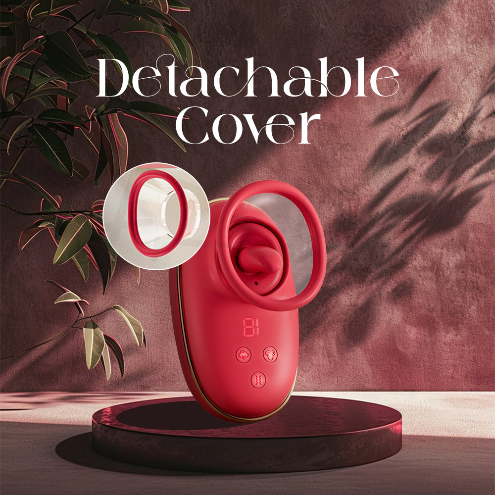 Scarlet Kiss suction vibrator showing removable circular cover for customisable stimulation experience