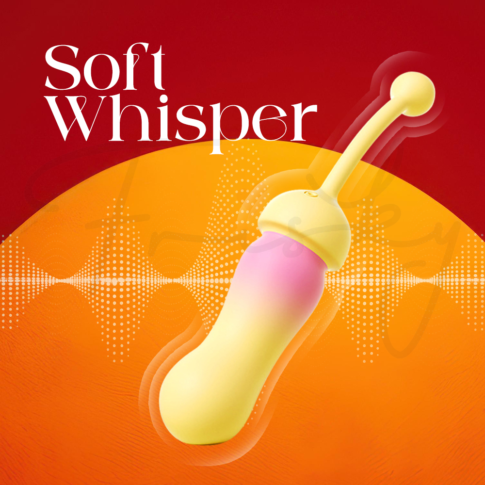 The device centered over a sound wave graphic, emphasizing quiet operation.