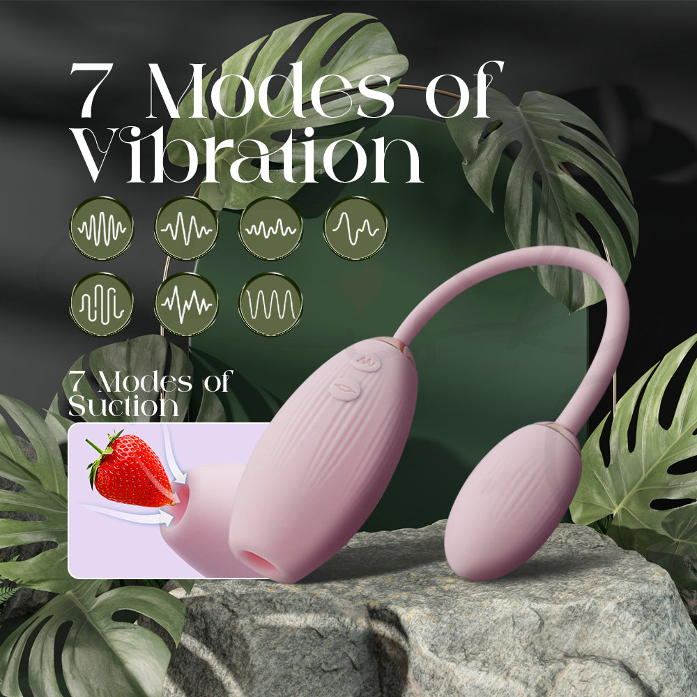 Sweet Lola dual-egg vibrator presented with icons illustrating seven vibration and suction modes