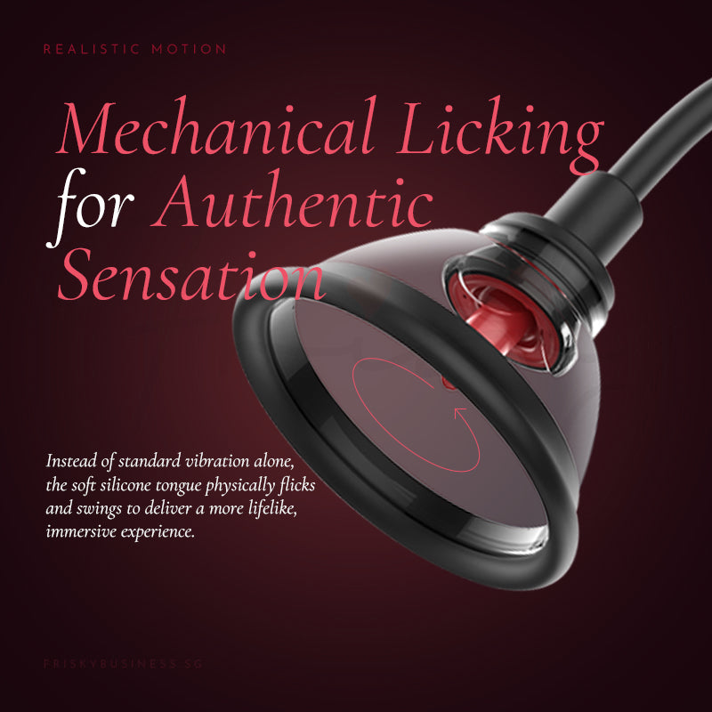 Sexual product with text about mechanical licking sensation on a dark background