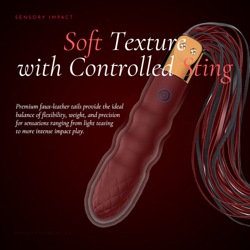 Red leather tail with black hair on a dark background, labeled 'Soft Texture with Controlled Sting'.