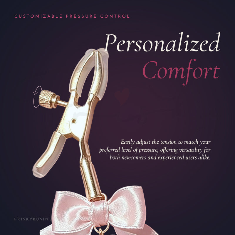 Gold clamp with pink bow on a dark background, featuring text about customizable pressure control.