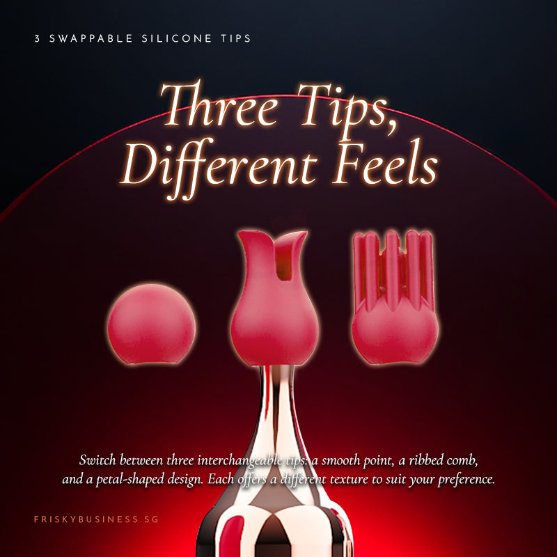 Three Tips, Different Feels graphic showing three pink silicone tips on a dark red background