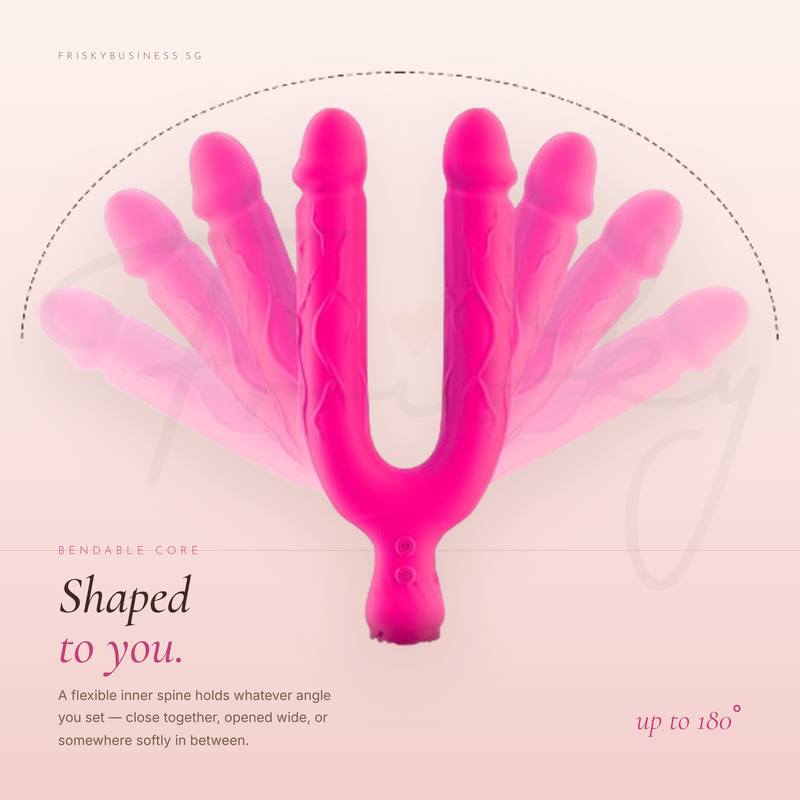 Several flexed positions of the pink vibrator fanned out against a pink backdrop