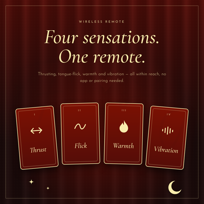 Four sensations, one remote graphic with four small cards on a deep red background