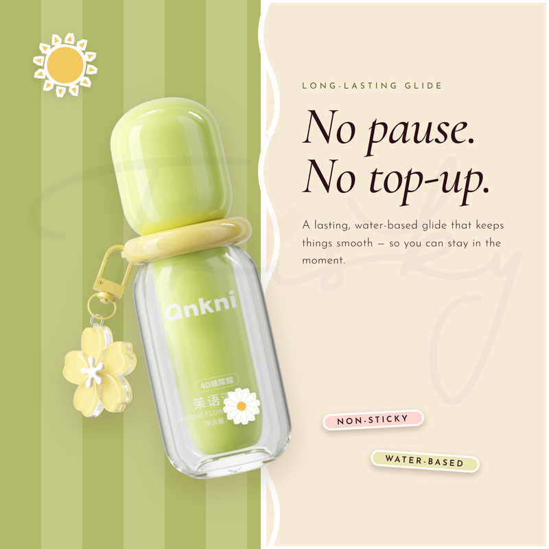 No pause, no top-up graphic with the yellow-green lubricant bottle and a flower charm