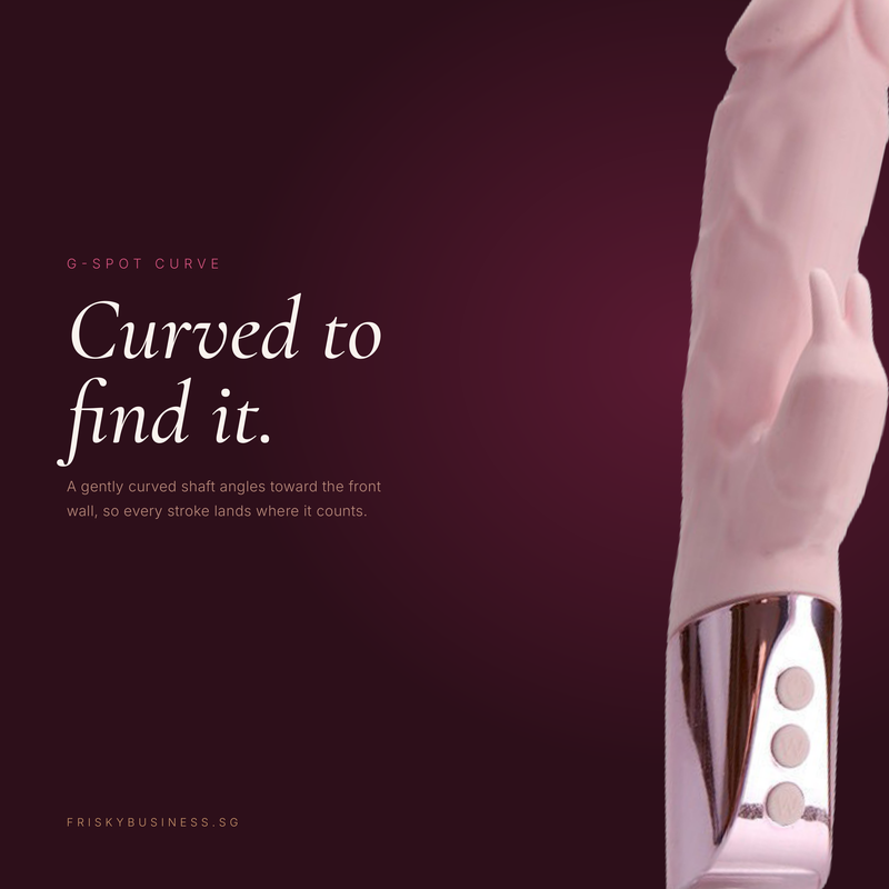 A close-up of a light pink curved personal rabbit vibrator with a metallic silver base and three circular buttons, shown against a dark burgundy background with promotional text on the left.