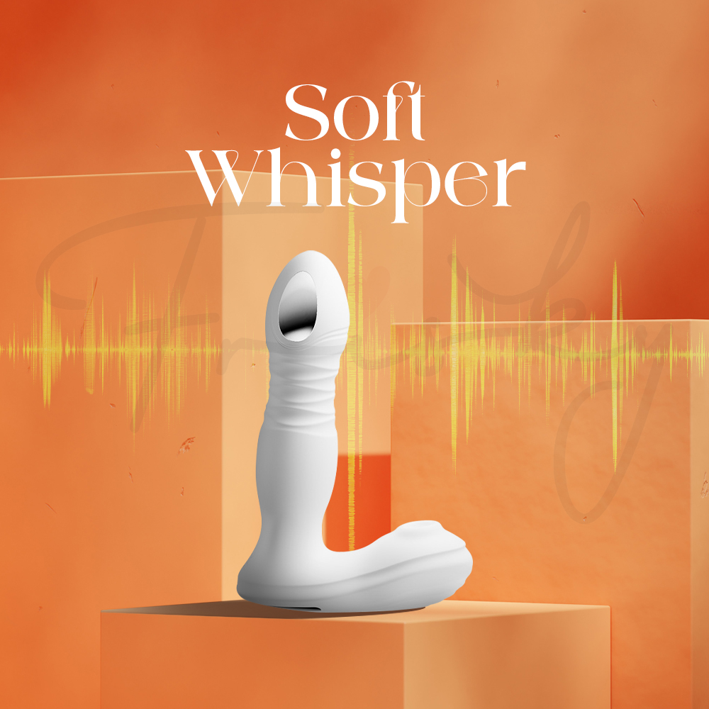 Product image against an orange background with a yellow soundwave graphic to illustrate "Soft Whisper" quiet operation.