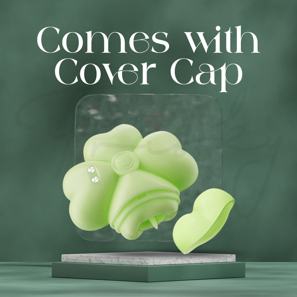 Green stimulator shown with matching silicone cover cap for hygienic storage