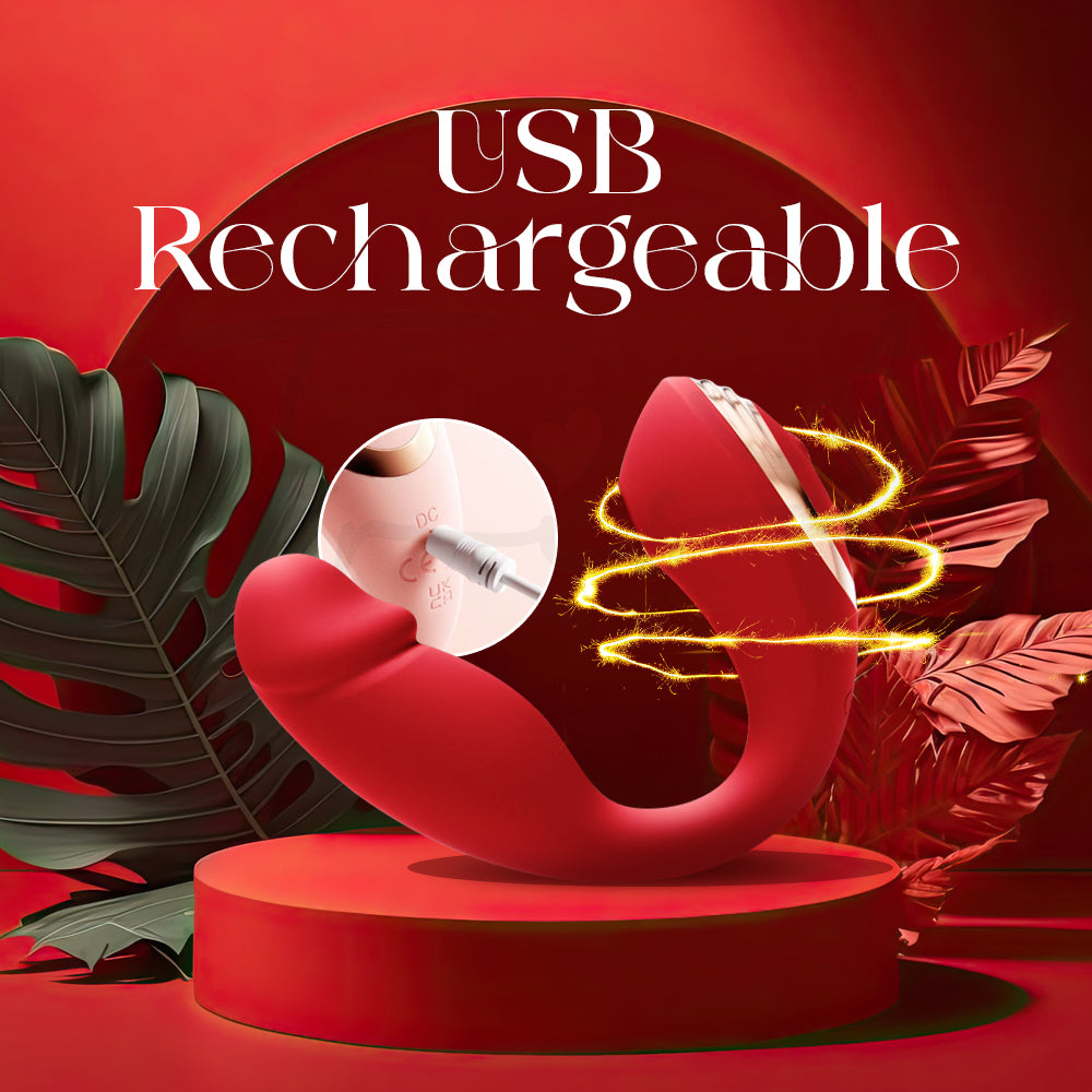 Red curved vibrator on a red base emphasizing its USB rechargeable design.
