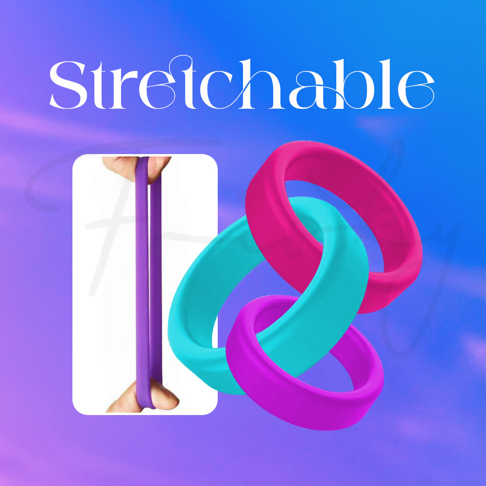 Brightly colored silicone rings shown stretched to demonstrate flexibility and durability