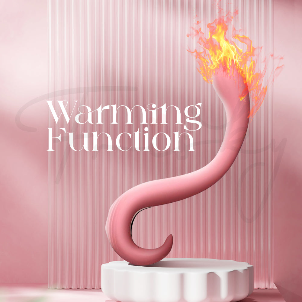 Curved vibrator with warming function visual showing gentle heat effect near the tip