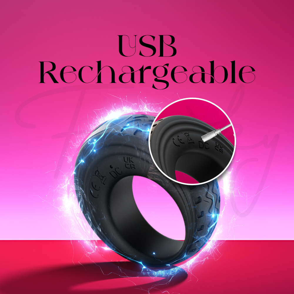 Vibrating ring shown with glowing USB recharge effect indicating rechargeable battery