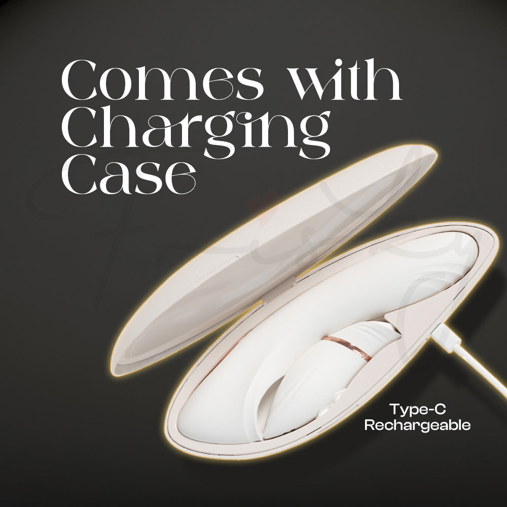 White personal massager resting inside matching wireless charging storage case.