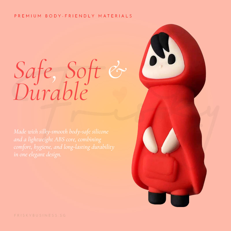 Red hooded character toy with text about safe, soft, and durable materials on a gradient background