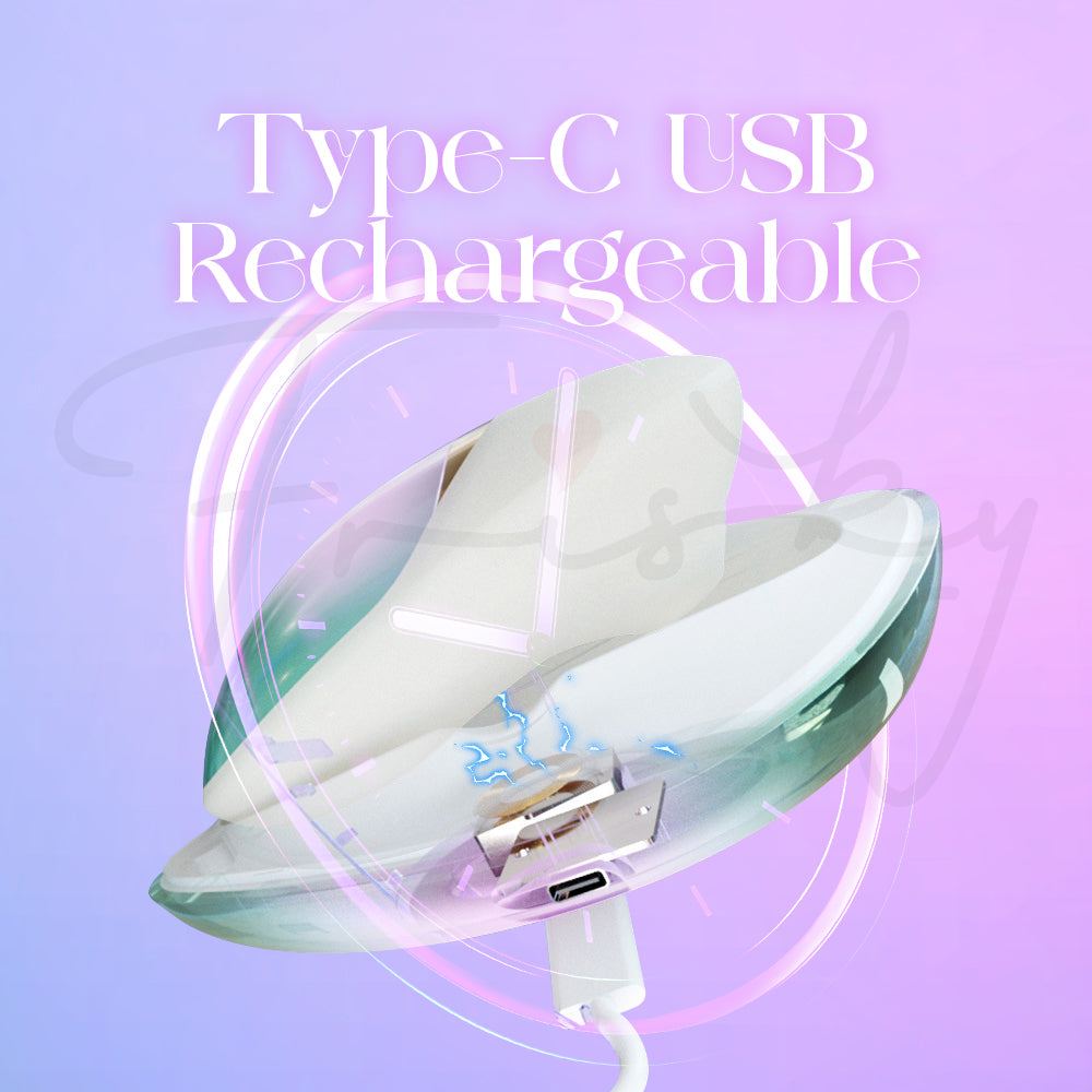 Close-up view of Lumi Shell’s suction opening and smooth silicone detailing in iridescent finish.